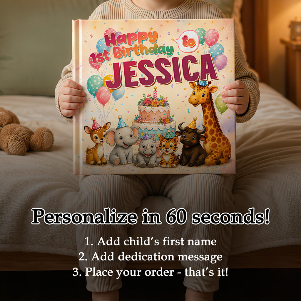 Personalized 1st Birthday Book, Safari Animal Story Keepsake Gift