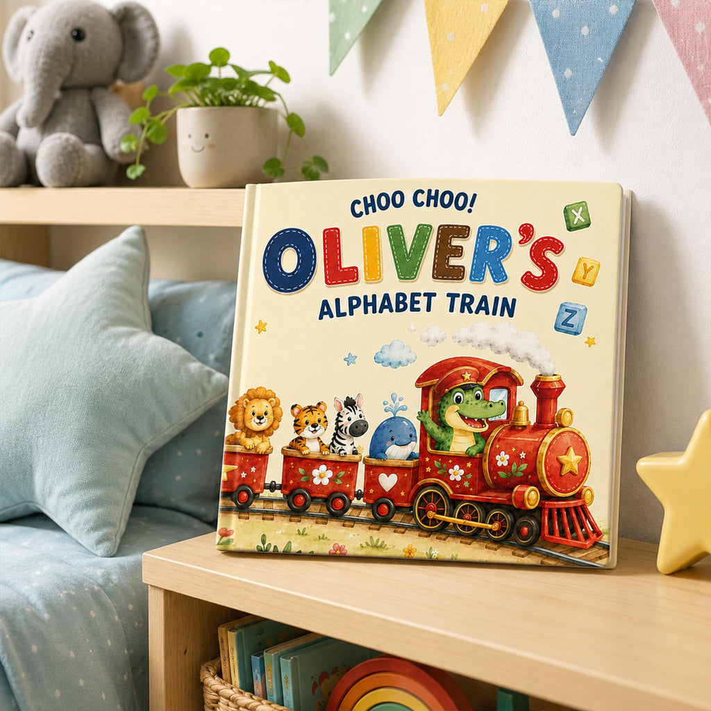 Personalized Alphabet Train Book, Custom Name ABC Storybook, Animal Letter Hardcover, Baby Shower Gift for Kids, First Birthday Gift