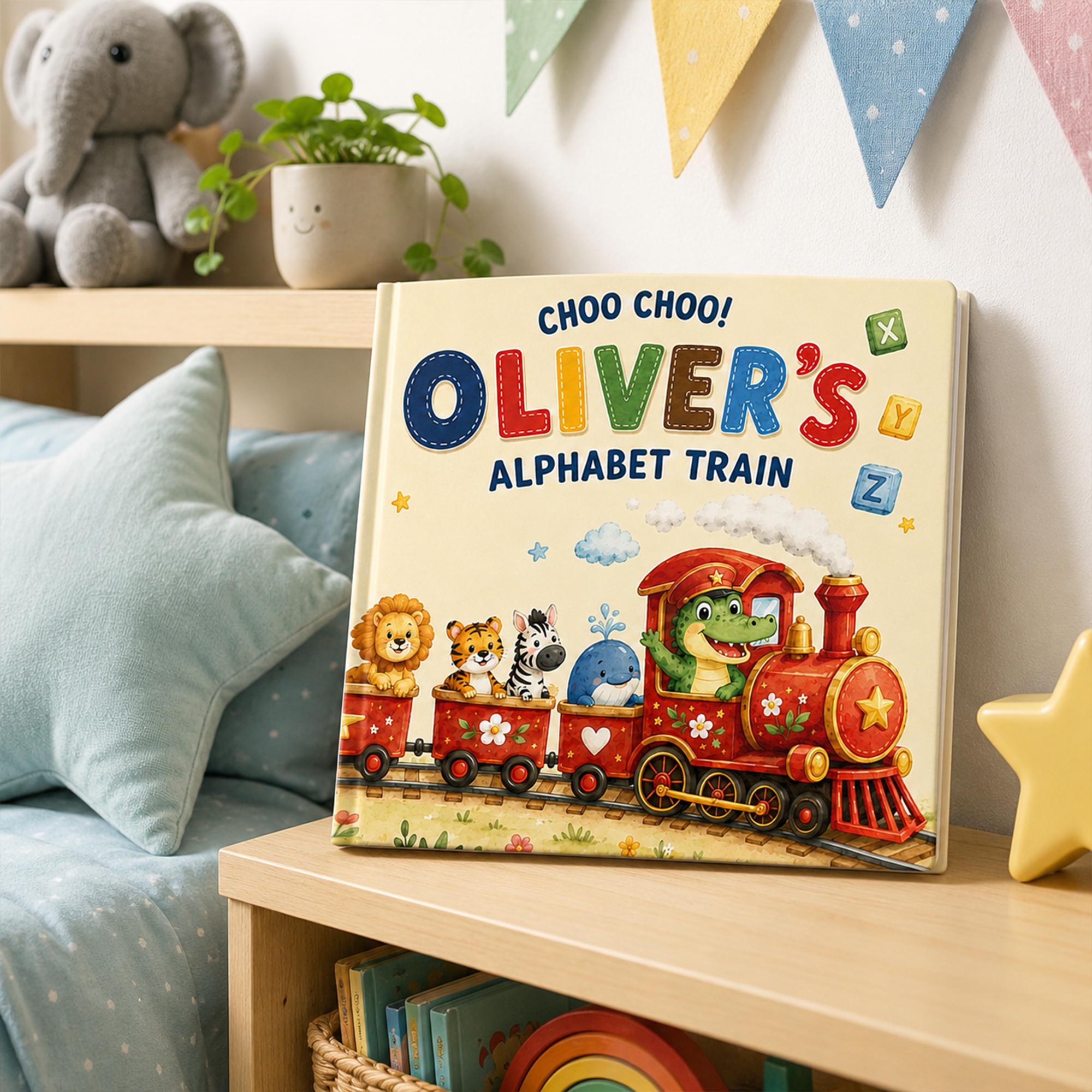 Personalized Alphabet Train Book, Custom Name ABC Storybook, Animal Letter Hardcover, Baby Shower Gift for Kids, First Birthday Gift