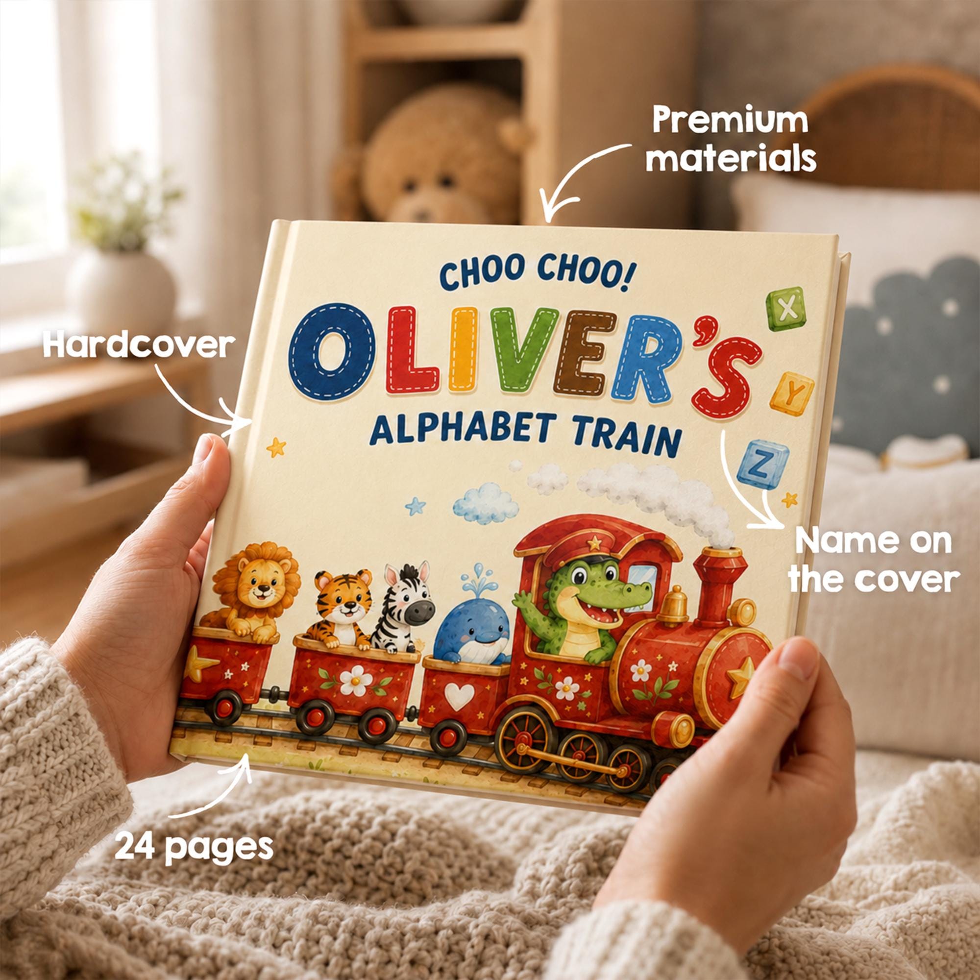 Personalized Alphabet Train Book, Custom Name ABC Storybook, Animal Letter Hardcover, Baby Shower Gift for Kids, First Birthday Gift
