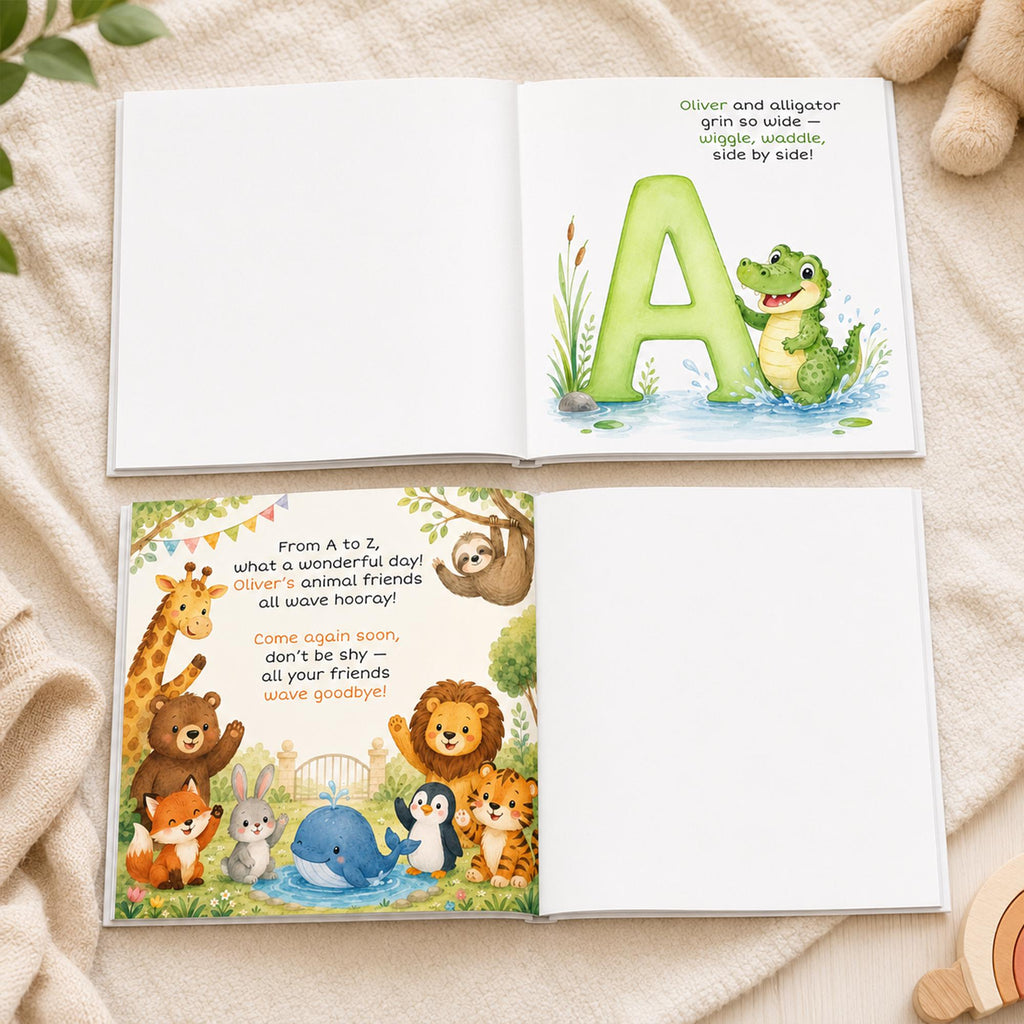 Personalized Alphabet Train Book, Custom Name ABC Storybook, Animal Letter Hardcover, Baby Shower Gift for Kids, First Birthday Gift