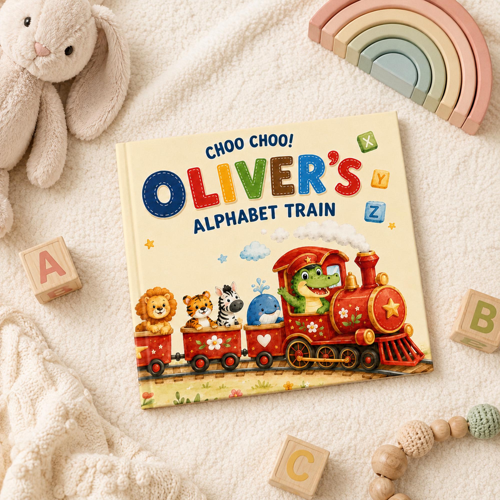 Personalized Alphabet Train Book, Custom Name ABC Storybook, Animal Letter Hardcover, Baby Shower Gift for Kids, First Birthday Gift