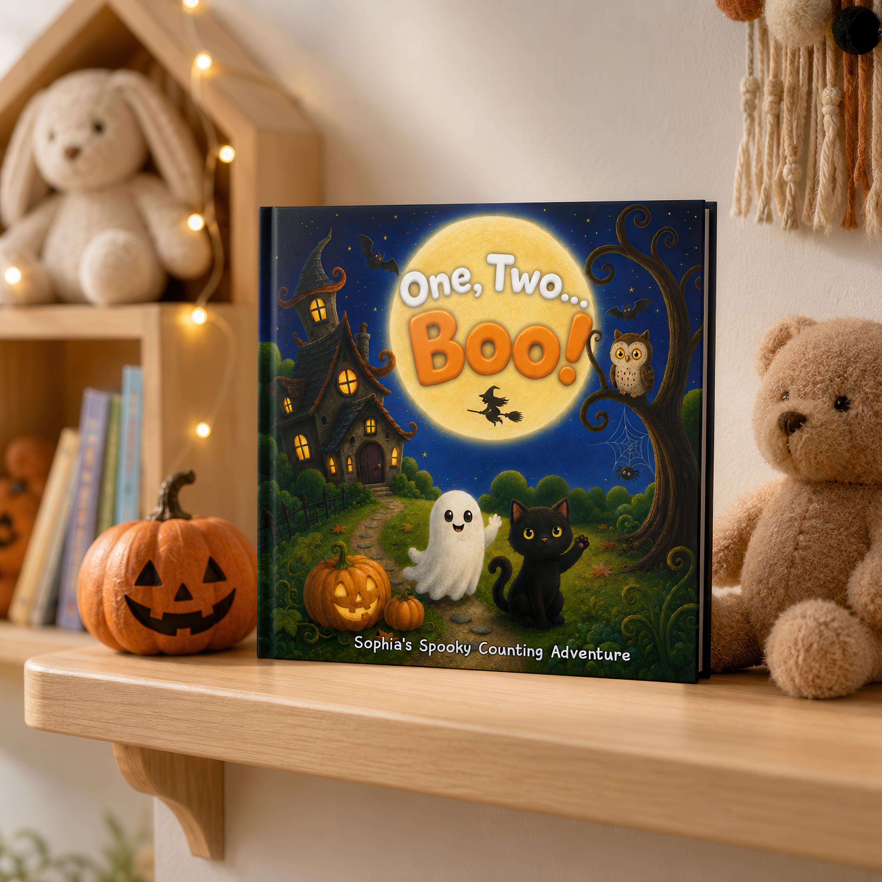 Personalized One, Two Boo Halloween Counting Book, Custom Name Spooky Story Book for Kids, Pumpkin Ghost Cat Toddler Gift