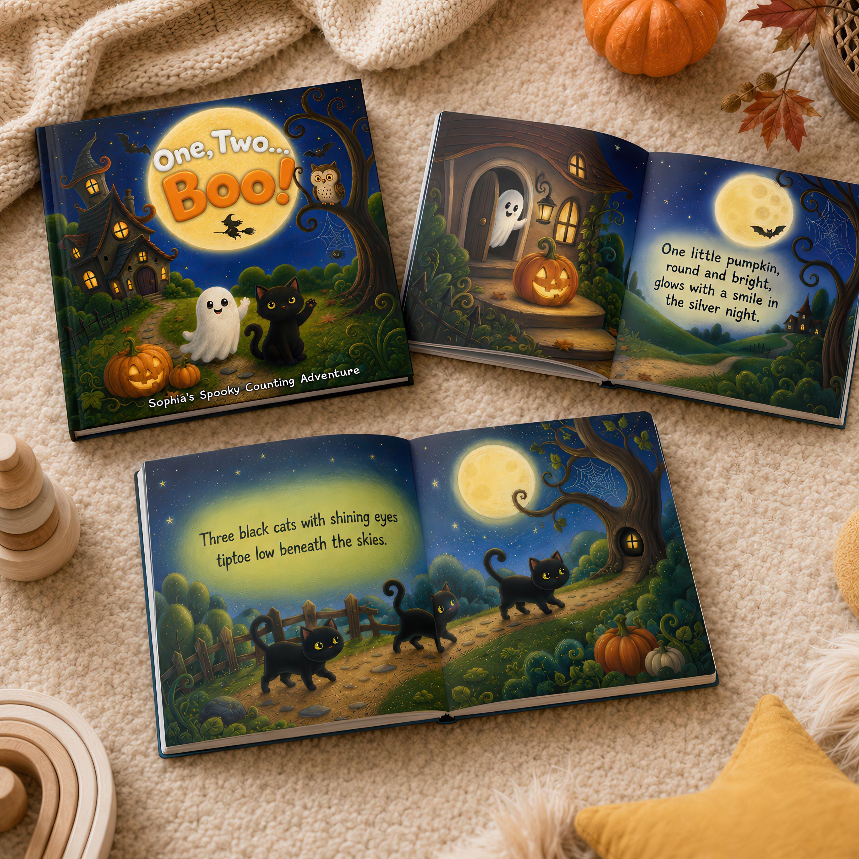 Personalized One, Two Boo Halloween Counting Book, Custom Name Spooky Story Book for Kids, Pumpkin Ghost Cat Toddler Gift