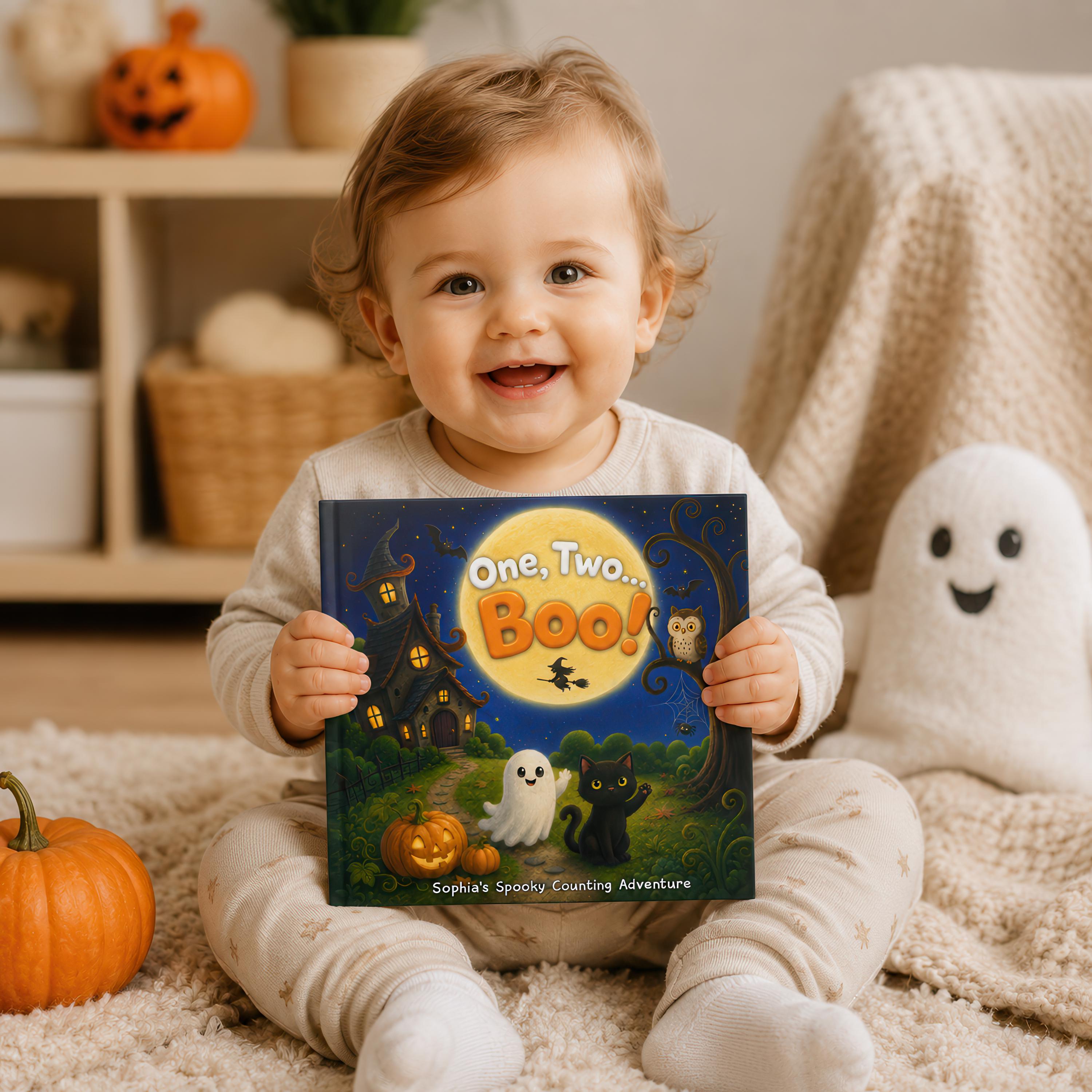 Personalized One, Two Boo Halloween Counting Book, Custom Name Spooky Story Book for Kids, Pumpkin Ghost Cat Toddler Gift