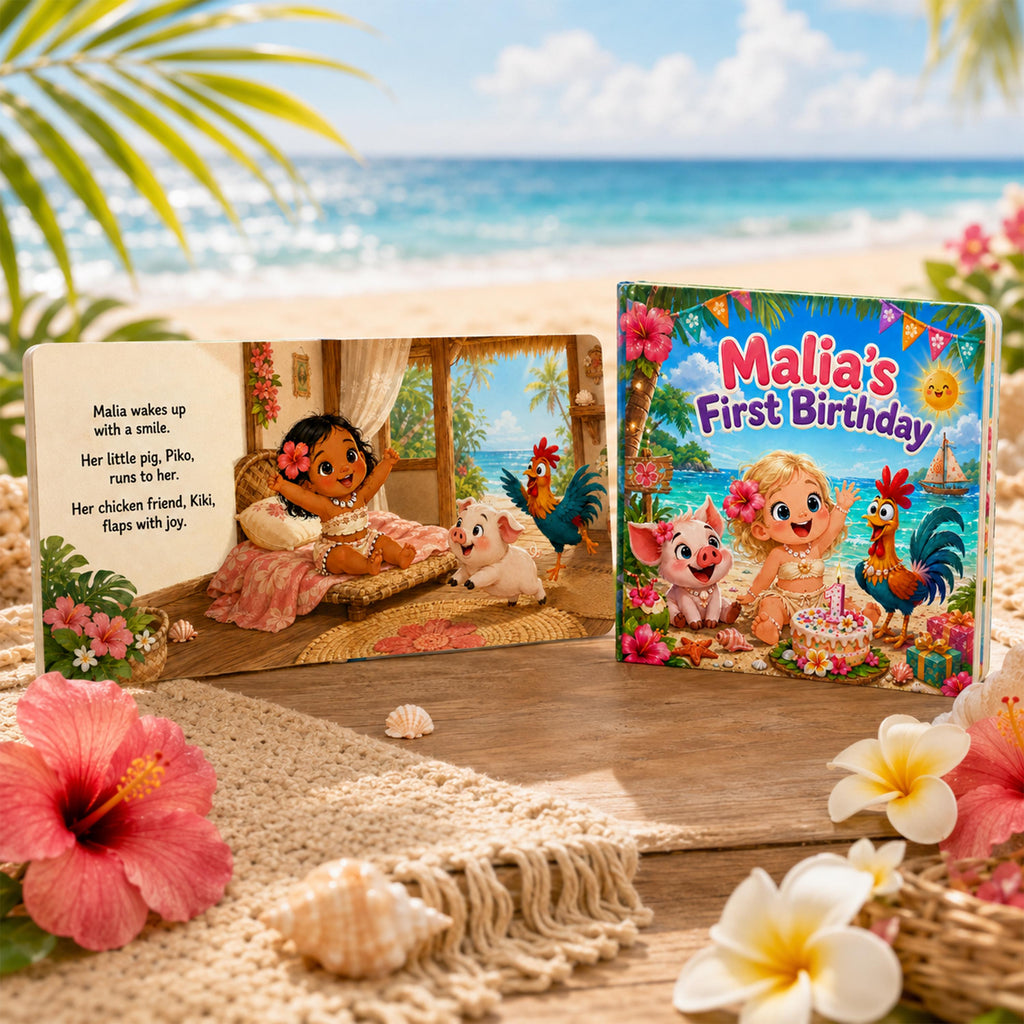 Personalized Tropical 1st Birthday Book, Custom Name One Year Old Girl Keepsake Gift, First Birthday Toddler Story, Hair Skin Options