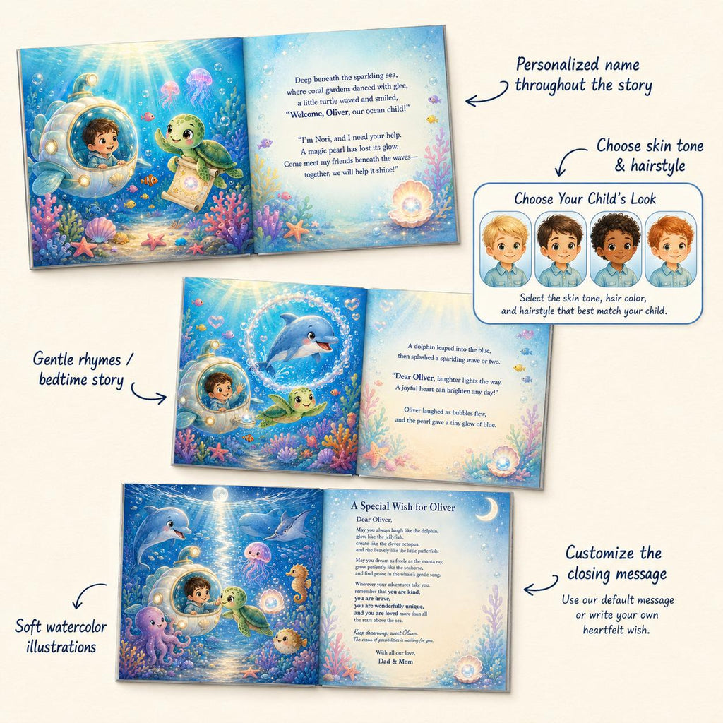 Personalized Ocean Story Book, Custom Name Hardcover for Kids