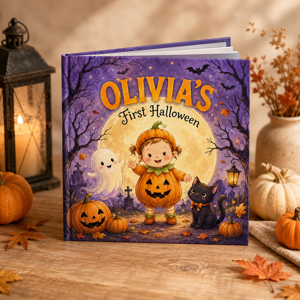 Personalized First Halloween Storybook, Custom Name 1st Halloween Gift for Baby Girl or Boy, Newborn Toddler Trick or Treat Keepsake